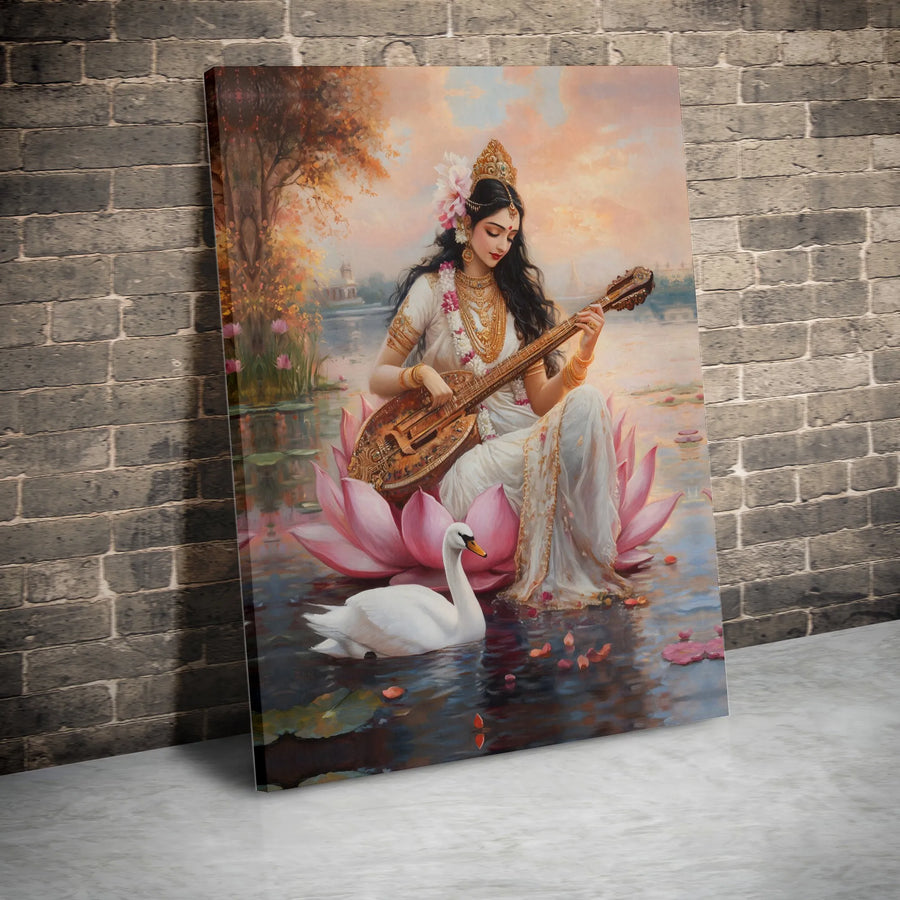 Goddess Saraswati Canvas Print | Spiritual Indian Deity Art | Premium Frameless Wall Decor | Gift for Yoga Studio & Meditation Room
