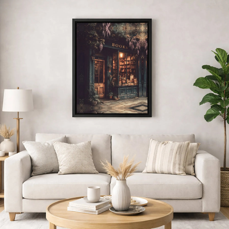 Charming Bookstore Canvas Wall Art | Nighttime Wisteria Library Print | Gallery-Wrapped Premium Decor | Book Lover Gift for Home Office