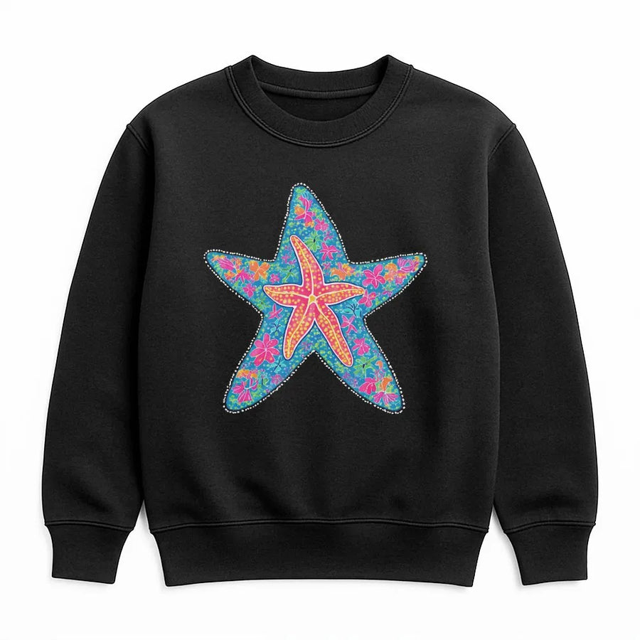 Preppy Starfish Sweatshirt | Colorful Coastal Floral Graphic | Soft Cotton Blend Crewneck | Unisex Summer Vacation Gift