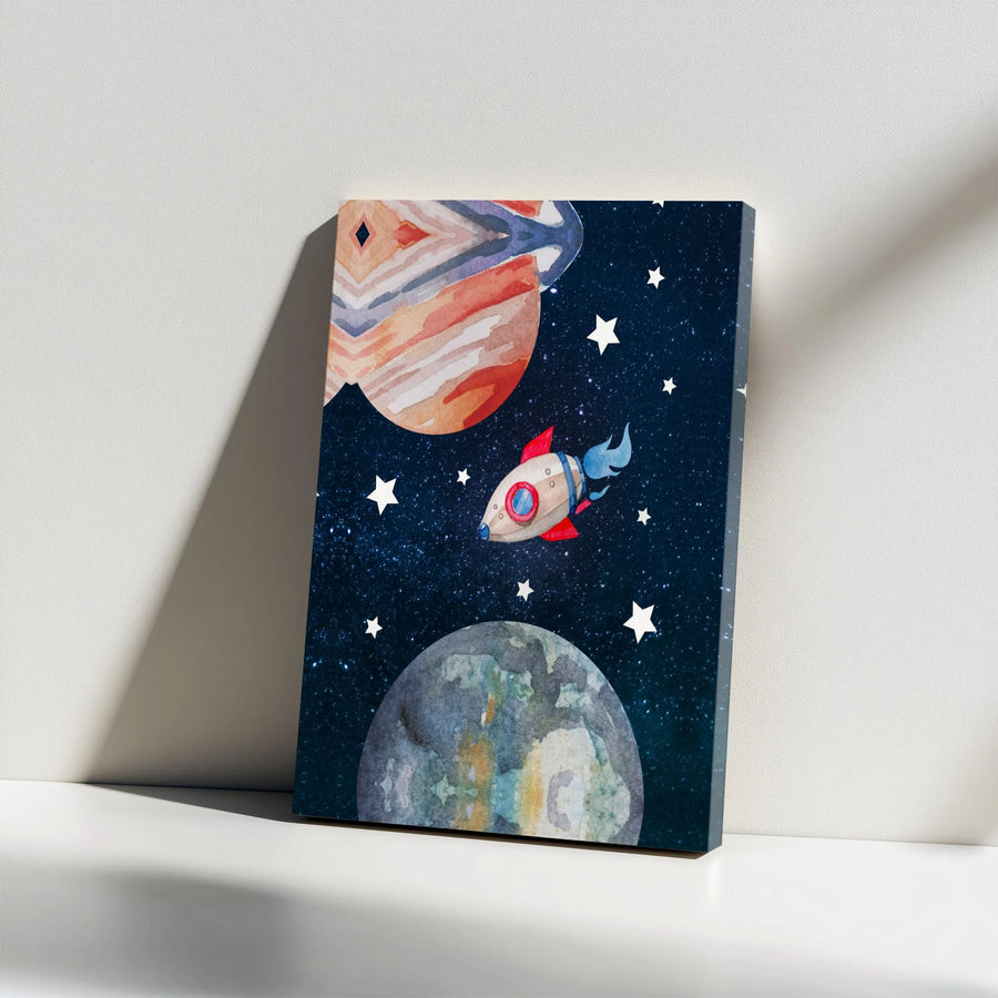 Watercolor Rocket Ship Canvas Art | Outer Space Nursery Wall Decor | Gallery Wrapped Premium Print | Kids Room Gift For Boys And Girls