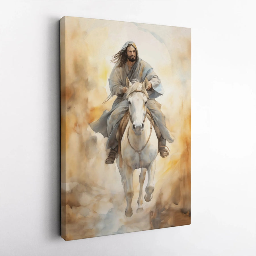 Jesus Riding White Horse Wall Art | Watercolor Religious Canvas Print | 1.25-Inch Gallery Wrap | Christian Home Decor Gift