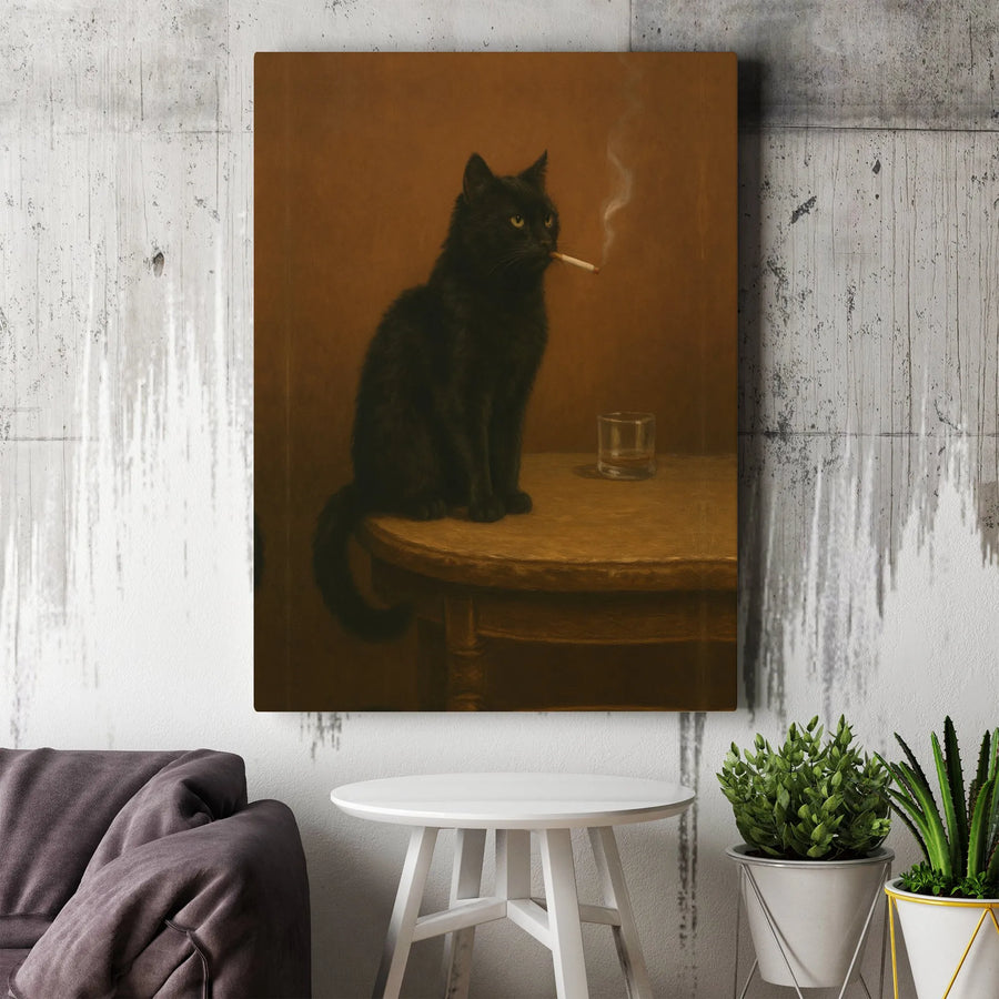 Black Cat Smoking Canvas Wall Art | Whimsical Moody Oil Painting Style | Premium Fade-Resistant Gallery Print | Unique Gift for Cat Lovers