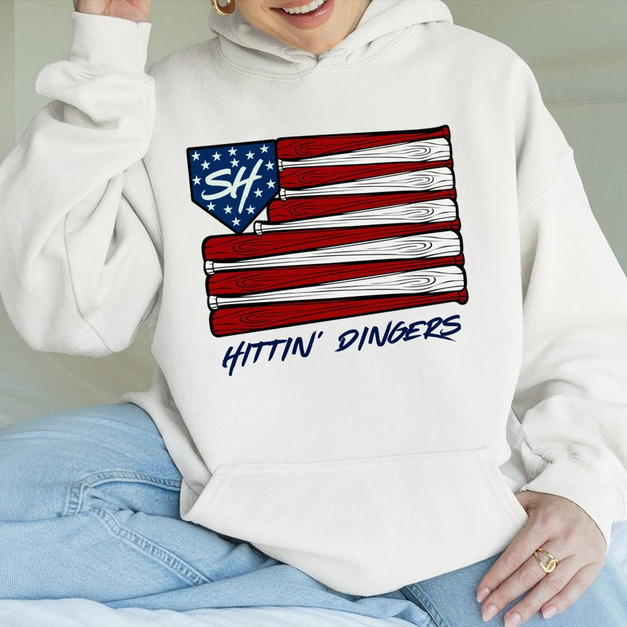Baseball Flag Hoodie | Hittin' Dingers Graphic Design | Premium Cotton-Poly Blend | Gift for Baseball Players and Sports Fans