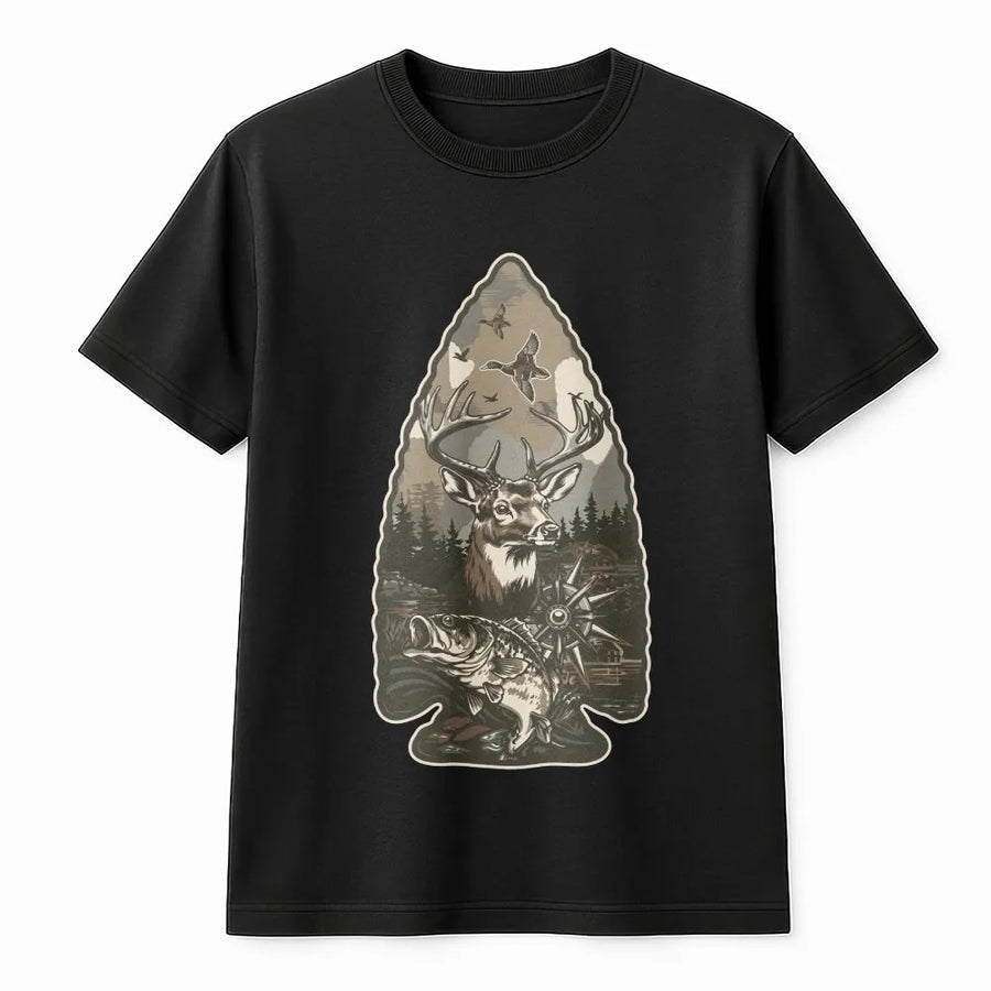 Hunting T-Shirt for Men | Arrowhead Wildlife Graphic with Deer, Duck & Fish | Soft Cotton Blend | Gift for Hunter and Outdoorsman