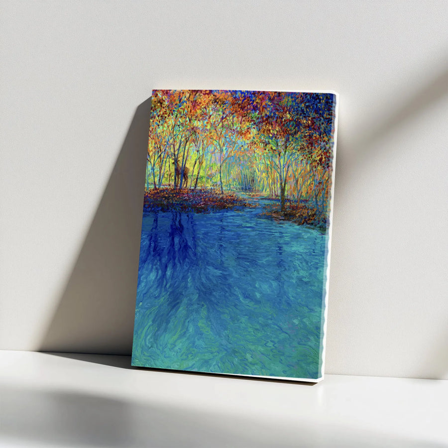 Vibrant Autumn Forest Canvas | Impressionist River Landscape with Deer | Premium 1.25" Thick Gallery Wrap | Collector's Gift for Living Room Decor