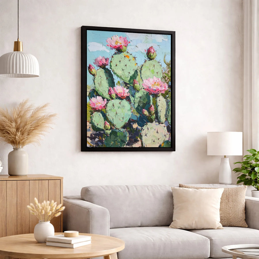 Prickly Pear Cactus Wall Art | Impasto Floral Canvas Print | Gallery-Quality Thick Profile | Southwest Desert Home Decor Gift
