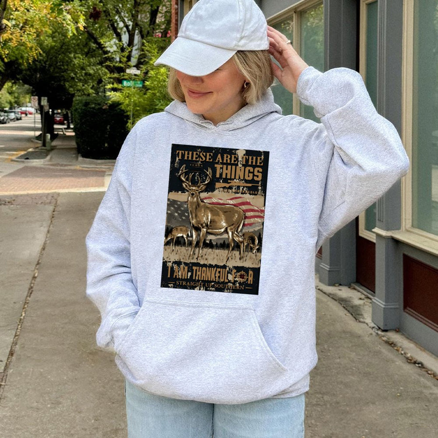 Deer Hunting Hoodie | Patriotic American Flag & Whitetail Buck | Premium Cotton-Blend Pullover | Gift for Outdoorsmen & Hunters