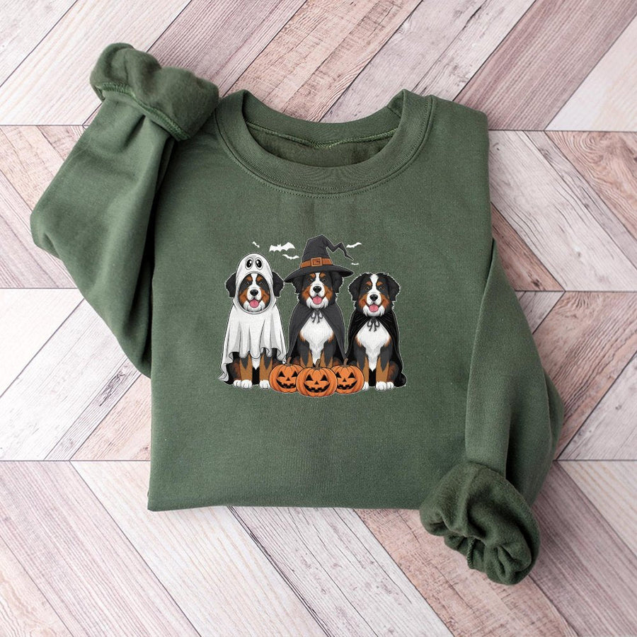 Bernese Mountain Dog Halloween Sweatshirt | Cute Ghost Witch Dog Graphic | Premium Cotton Blend Crewneck | Spooky Season Gift for Dog Lovers