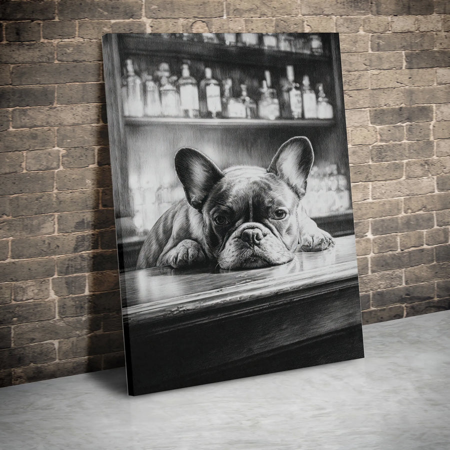 French Bulldog Canvas Wall Art | Black and White Pencil Sketch Print | Premium Gallery Wrapped Canvas | Collector's Gift for Frenchie Owner, Home Bar Decor