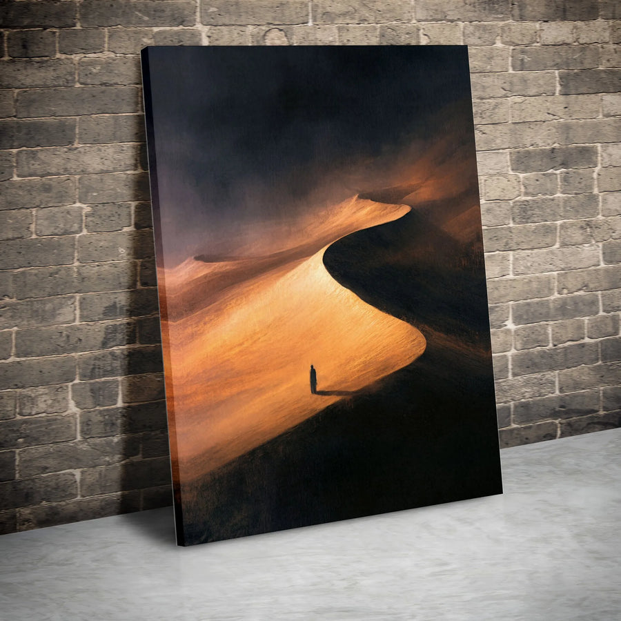 Desert Landscape Wall Art | Solitary Figure on Golden Sand Dunes | Premium Gallery Wrap Canvas | Modern Minimalist Home Office Decor