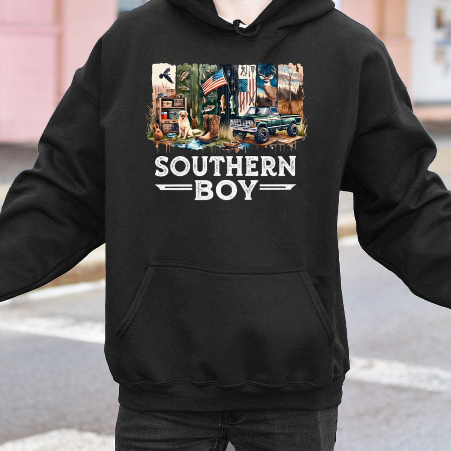 Southern Boy Hoodie | Hunting Fishing Truck Graphic Art | Cotton Blend Premium Apparel | Gift for Outdoorsman Hunter
