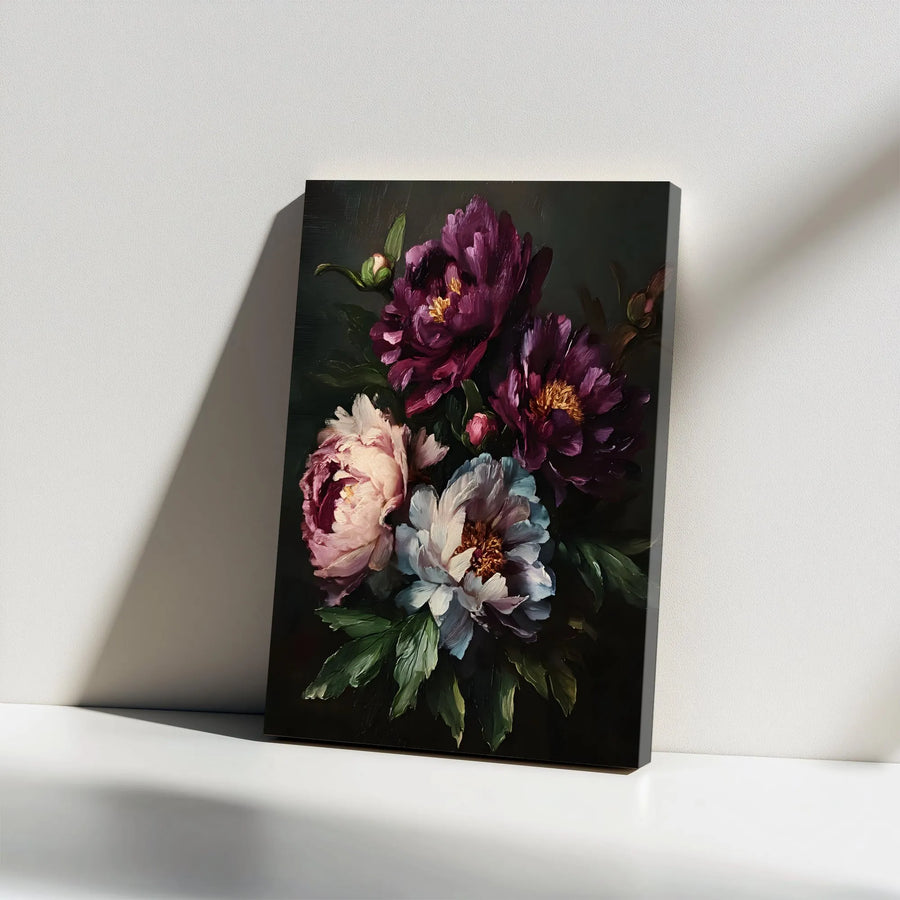 Moody Peony Floral Canvas Print | Dark Botanical Oil Painting Wall Art | Premium Gallery-Wrapped Decor | Elegant Gift for Flower Lovers