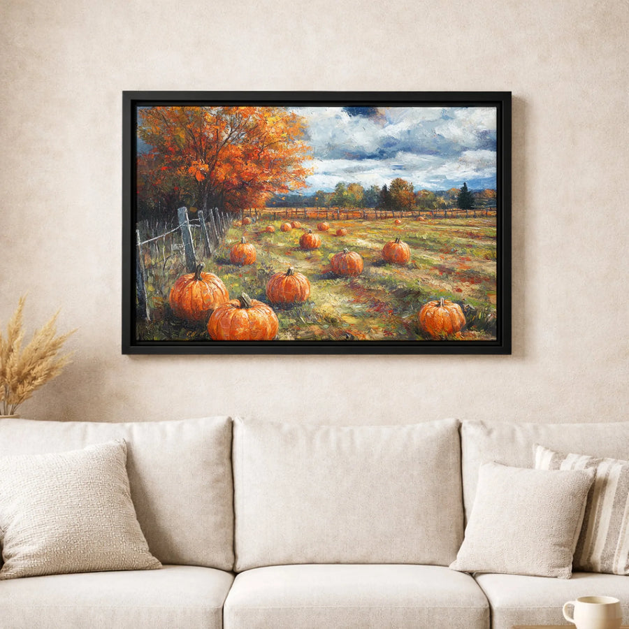 Autumn Pumpkin Patch Canvas Wall Art | Rustic Farmhouse Landscape Print | Premium Gallery Wrapped Decor | Fall Harvest Seasonal Gift for Home