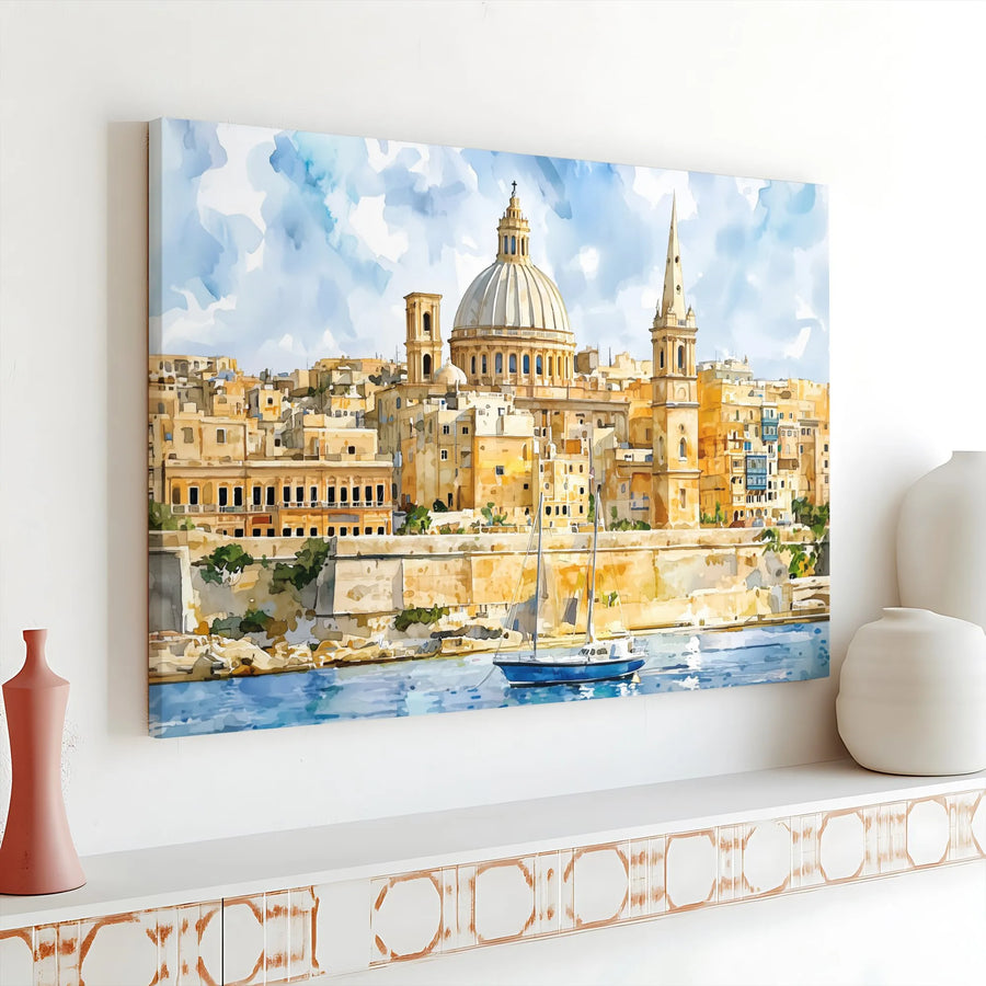 Valletta Malta Cityscape Canvas Art | Watercolor Mediterranean Harbour Scene | 1.25” Gallery Wrap Frame | Premium Travel Wall Decor Gift