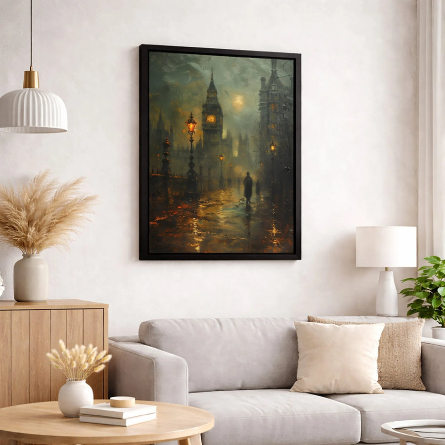 London Big Ben Canvas Wall Art | Moody Rainy Night Cityscape | Premium Fade-Resistant Gallery Print | Atmospheric Home Decor Gift