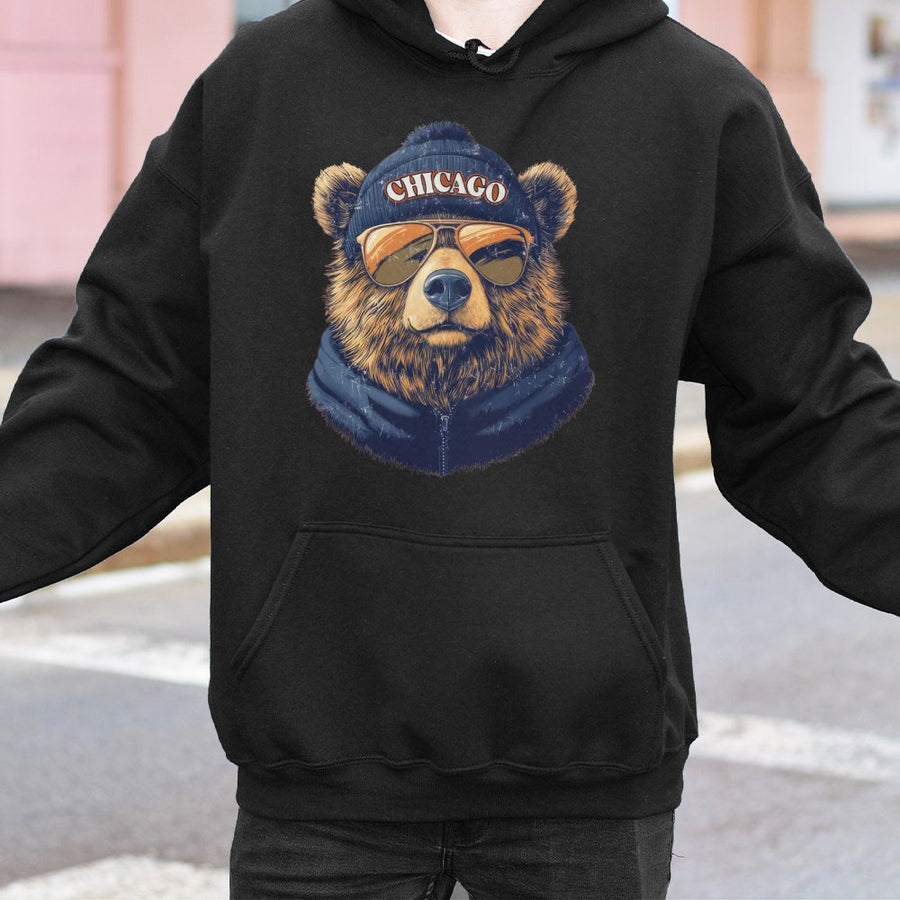 Chicago Bear Wearing Beanie And Sunglasses Hoodie