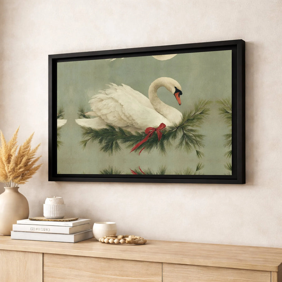 White Swan Canvas Print | Festive Pine Branch & Red Bow Wall Art | Premium Gallery Wrapped Decor | Elegant Holiday Home Decor Gift