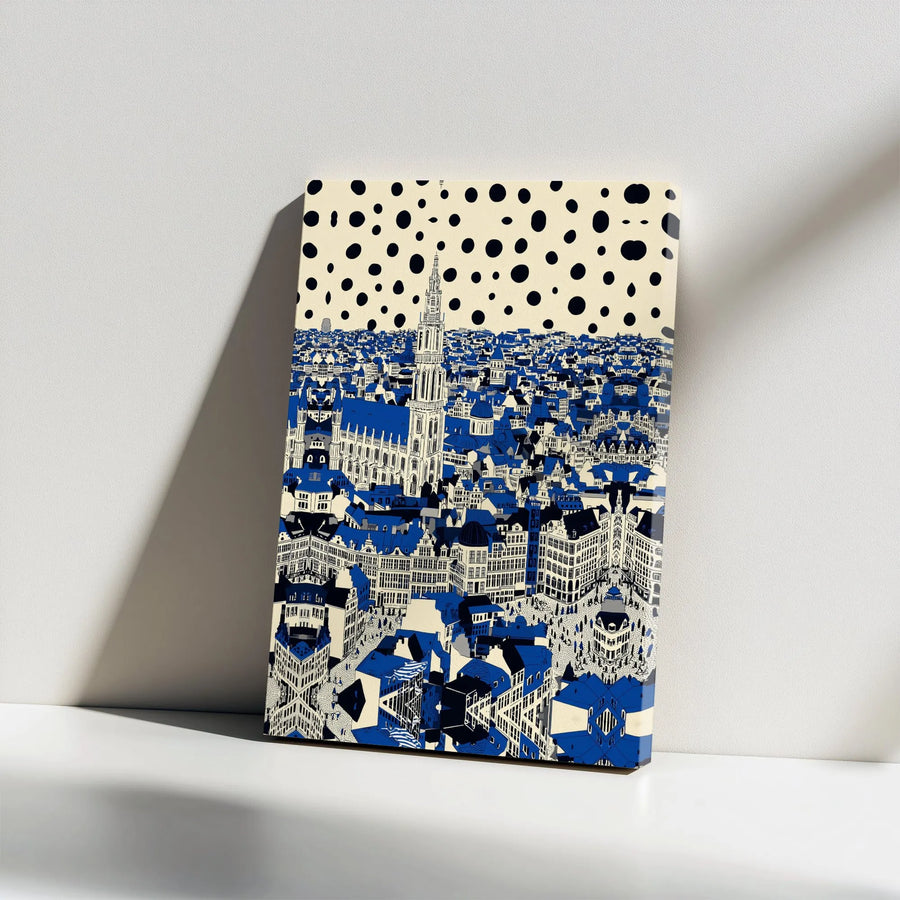 Abstract Cityscape Canvas Print | Blue European City with Polka Dot Sky | Premium Gallery Quality Canvas | Modern Living Room Wall Decor Gift