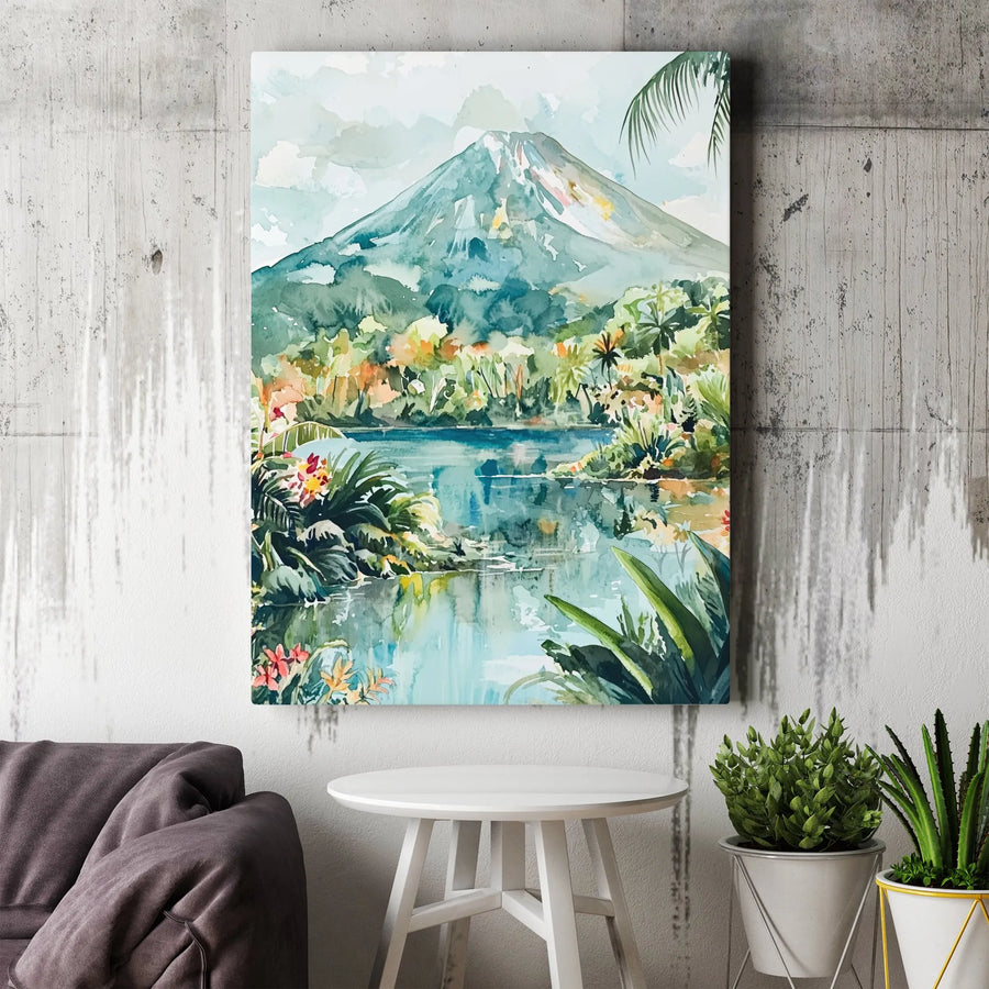 Tropical Volcano Canvas Wall Art | Watercolor Tropical Landscape Print | Premium 1.25-Inch Thick Gallery Wrap | Nature Home Decor Gift