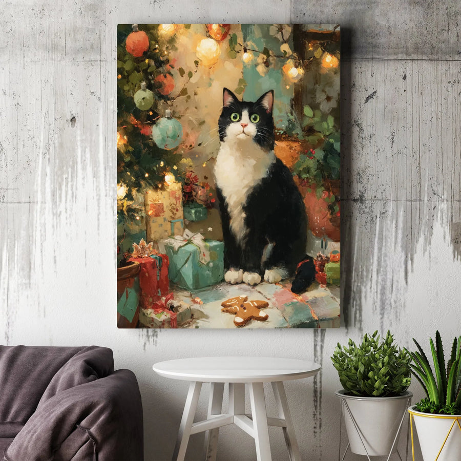 Tuxedo Cat Christmas Canvas Art | Festive Holiday Tree Oil Painting | Gallery Quality 1.25” Thick Print | Cozy Winter Home Decor Gift
