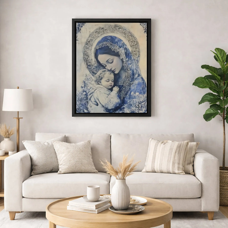 Madonna and Child Canvas Wall Art | Blue and White Virgin Mary Portrait | Premium Fade-Resistant Religious Decor | Catholic Gift for Home Office