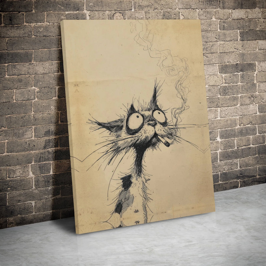 Scruffy Smoking Cat Canvas Wall Art | Whimsical Sketch Portrait | Gallery Wrapped Premium Decor | Funny Cat Lover Gift For Home Office