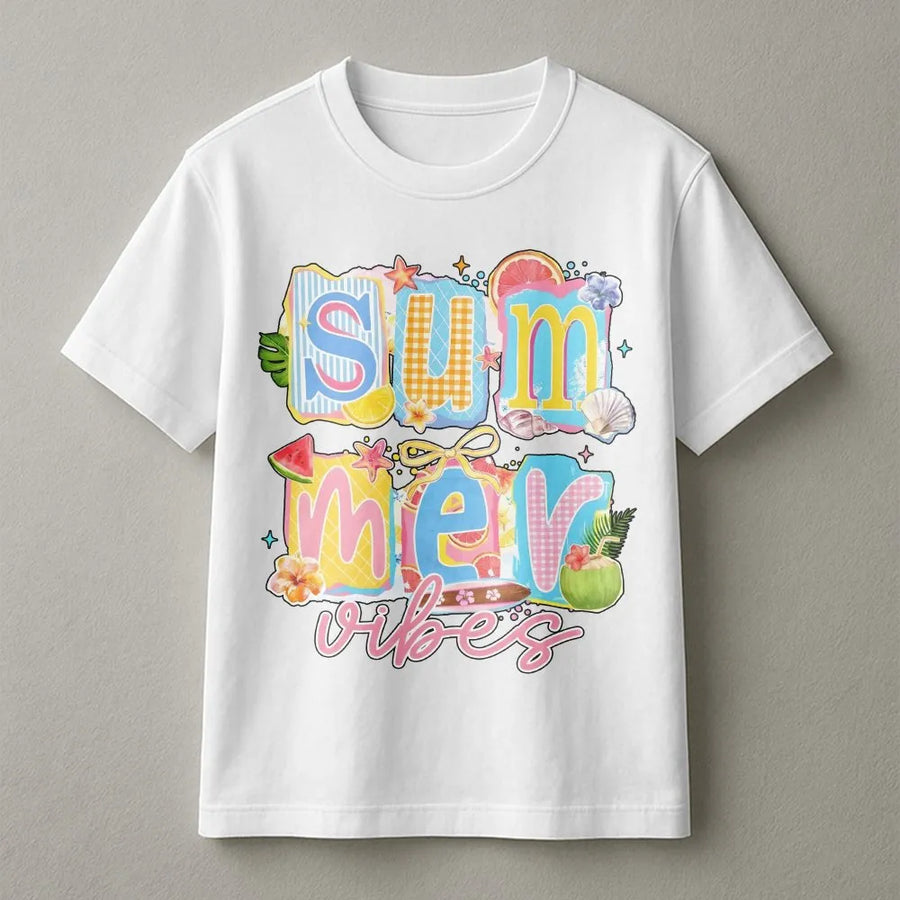 Summer Vibes T-Shirt | Retro Collage Beach Graphic | Soft Cotton Graphic Tee | Cute Vacation Gift for Women