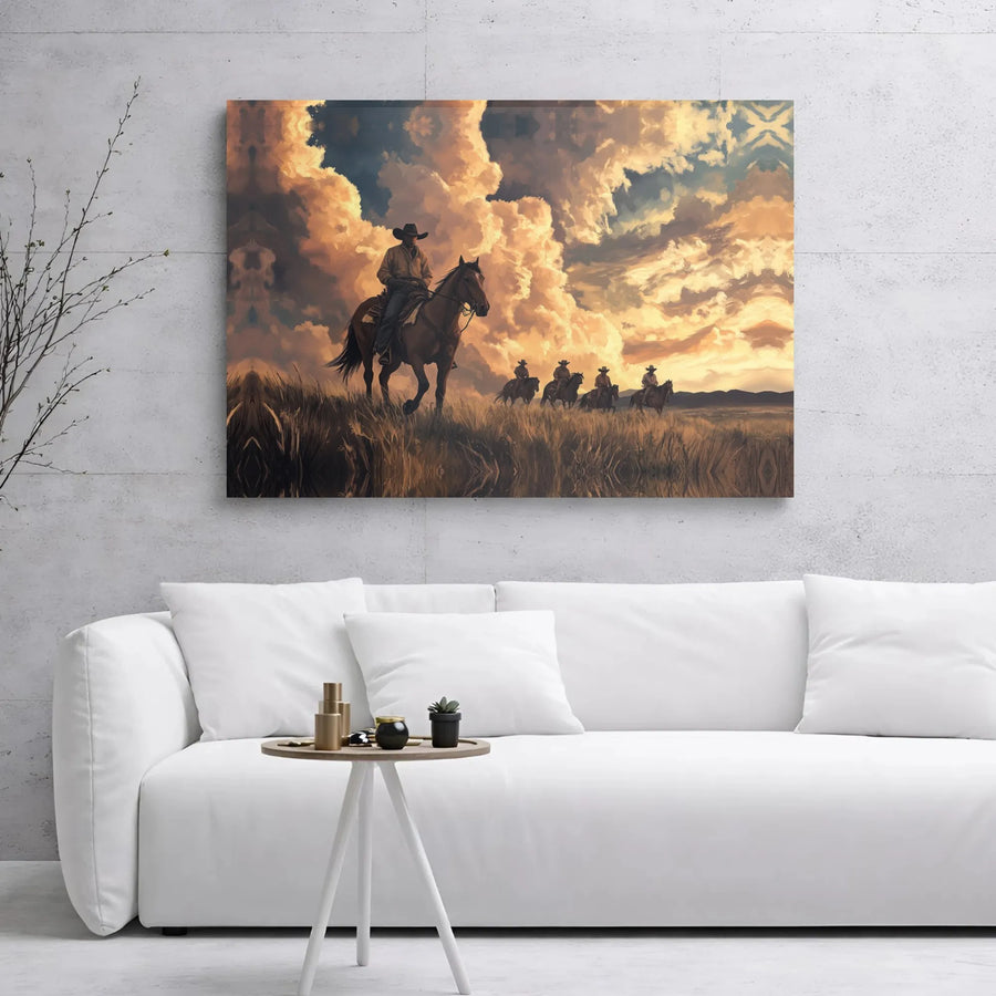 Western Cowboy Canvas Wall Art | Sunset Horseback Riders Landscape | Premium Gallery Wrap Print | Rustic Home Decor Gift for Him