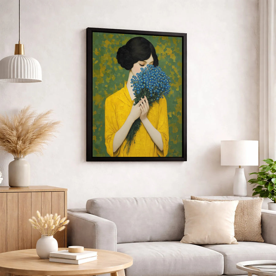 Woman in Yellow Dress Art Print | Vintage Style Blue Floral Bouquet Painting | Gallery-Quality 1.25 Inch Thick Canvas | Sophisticated Home Decor Gift