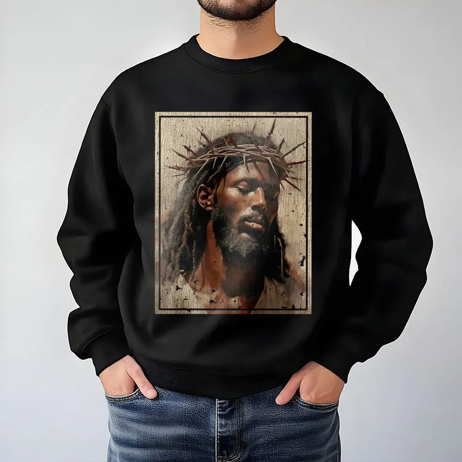 Black Jesus Sweatshirt | Crown of Thorns Religious Art | Premium Cotton-Blend Pullover | Christian Faith Gift for Men and Women