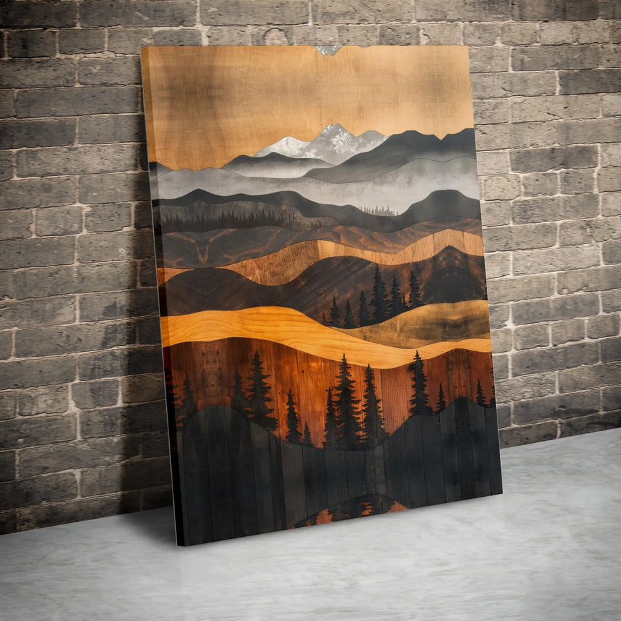 Mountain Landscape Canvas Wall Art | Rustic Wood Grain Style Print with Pine Trees | Premium Canvas | Modern Cabin & Lodge Decor Gift