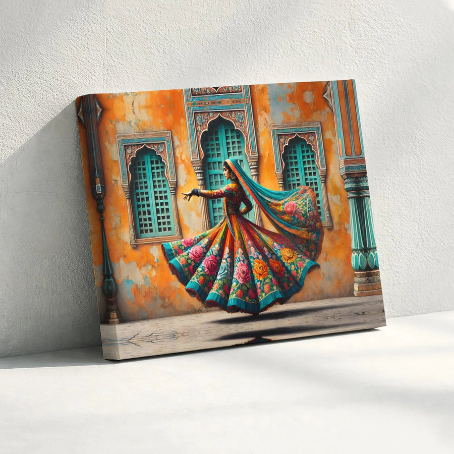 Indian Dancer Canvas Art | Vibrant Traditional Dance Scene | Premium Gallery Wrapped Canvas | Bohemian Wall Decor for Living Room Gift