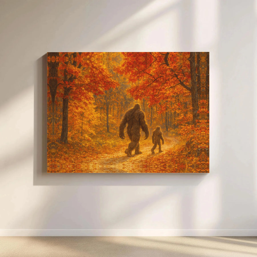 Bigfoot and Baby Sasquatch Canvas Art | Autumn Forest Nature Print | Premium Gallery Wrap Decor | Gift for Cryptid Lover Enthusiast