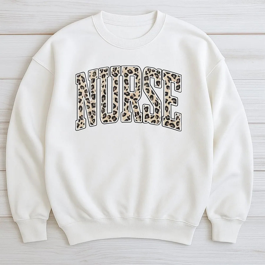 Nurse Sweatshirt | Leopard Print Varsity Lettering | Cotton Blend Premium Crewneck | Gift for Registered Nurse, Nursing Student, Graduation