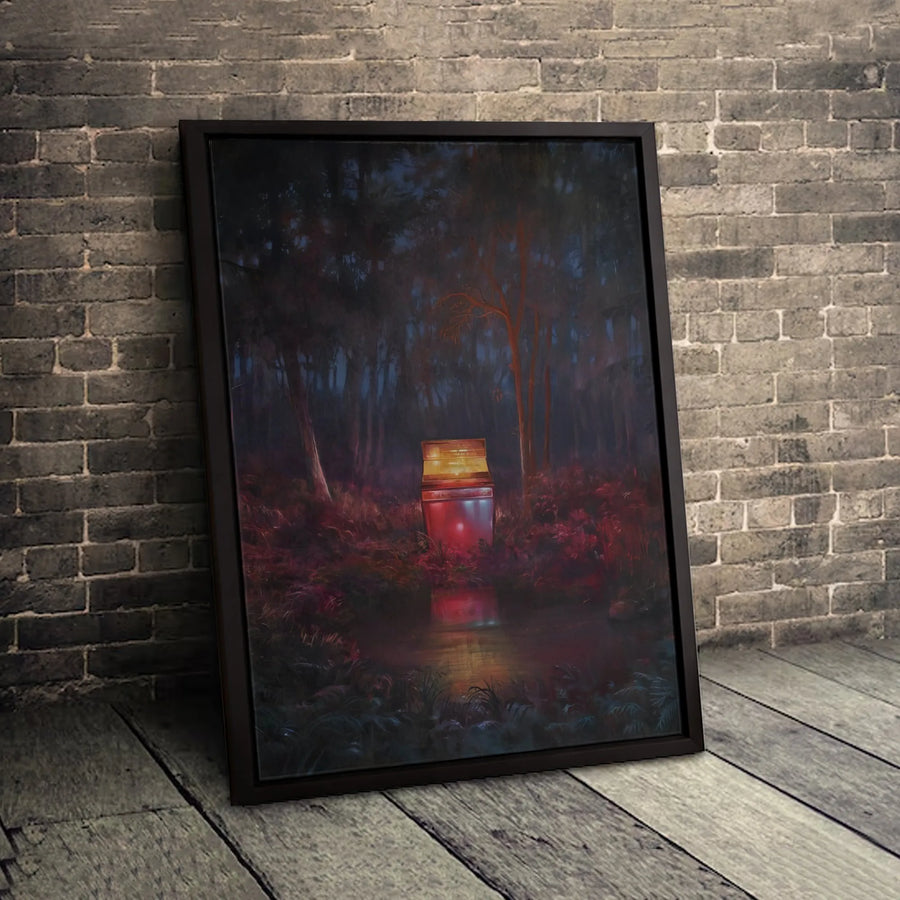 Surreal Forest Wall Art | Glowing Red Refrigerator in Woods | Premium Gallery Canvas | Moody Surrealism Home Decor Print
