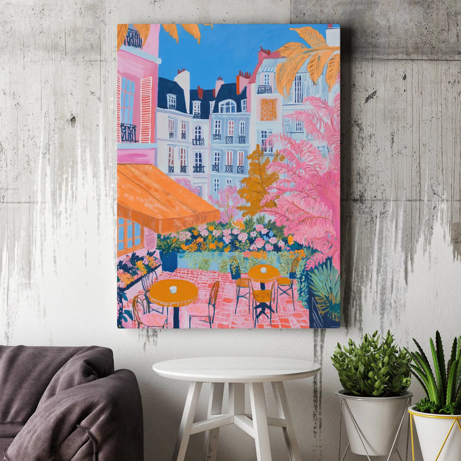 Parisian Cafe Canvas Wall Art | Colorful European Street Scene Painting | Premium Gallery Wrap Print | Living Room Decor Gift for Traveler
