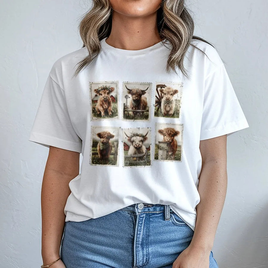 Highland Cow T-Shirt | Vintage Postage Stamp Farm Animal Collage | 100% Cotton Premium Tee | Unique Gift For Cow Lovers And Farmers