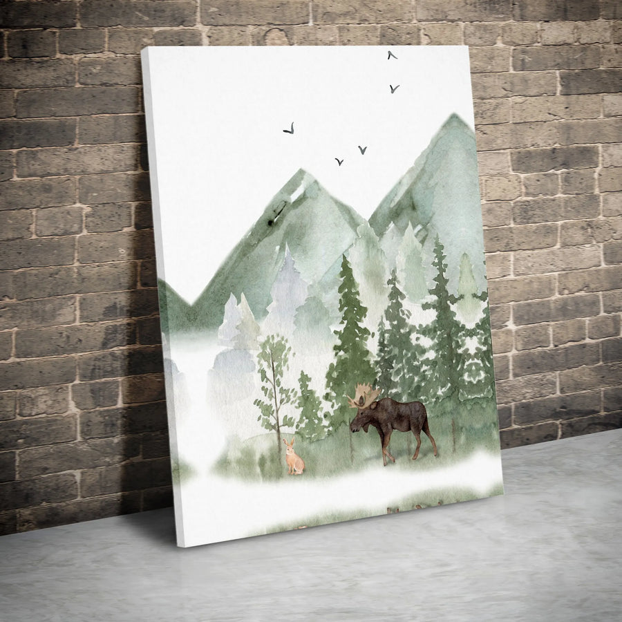 Watercolor Moose and Rabbit Wall Art | Misty Mountain Forest Nature Print | Gallery-Quality 1.25" Canvas | Nursery or Modern Home Decor Gift