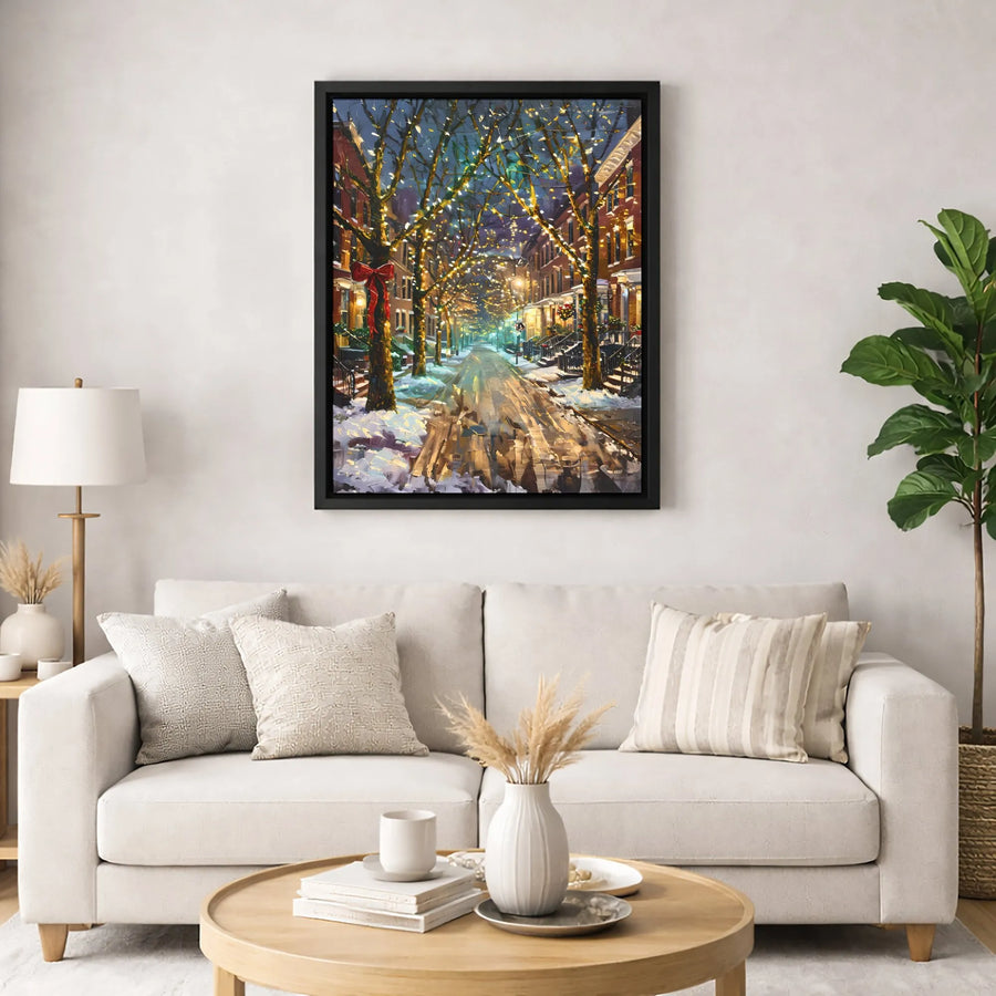 Snowy City Street Canvas Art | Impressionist Christmas Lights Wall Decor | Premium 1.25 Inch Gallery Wrap | Winter Holiday Home Gift