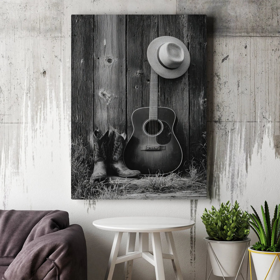 Country Music Wall Art | Western Acoustic Guitar & Cowboy Boots Print | Gallery-Quality 1.25 Inch Canvas | Rustic Farmhouse Decor Gift
