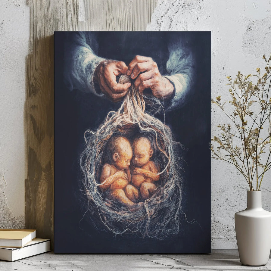 Psalm 139 Canvas Wall Art | God Forming Twins in Womb Christian Decor | Premium Gallery Wrap Print | Meaningful Religious Gift for Nursery