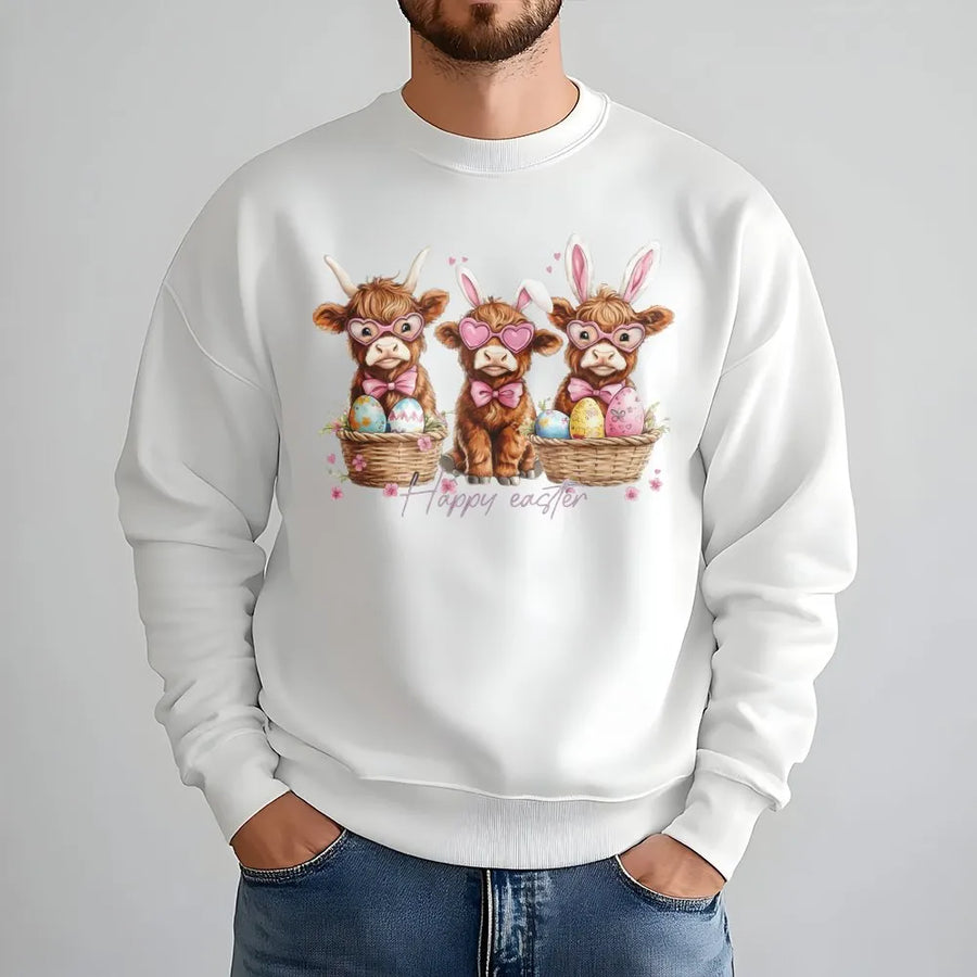 Easter Highland Cow Sweatshirt | Cute Bunny Ears Farm Animal Graphic | Premium Cotton Blend | Unisex Holiday Gift for Her