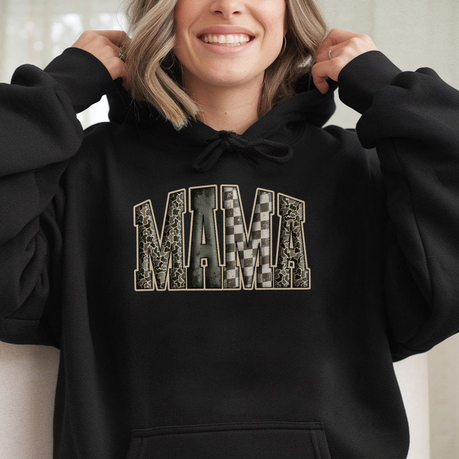 Mama Camo Hoodie | Western Varsity Checkered Print | Premium Cotton-Blend Pullover | Hunting Wife Gift for Her