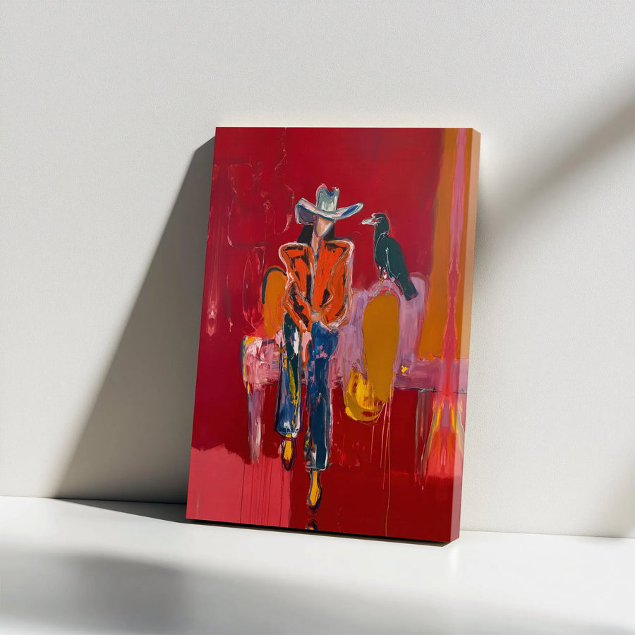 Abstract Cowboy Wall Art | Modern Western Cowgirl & Crow Painting | Premium Gallery Wrapped Canvas | Southwestern Living Room Decor Gift