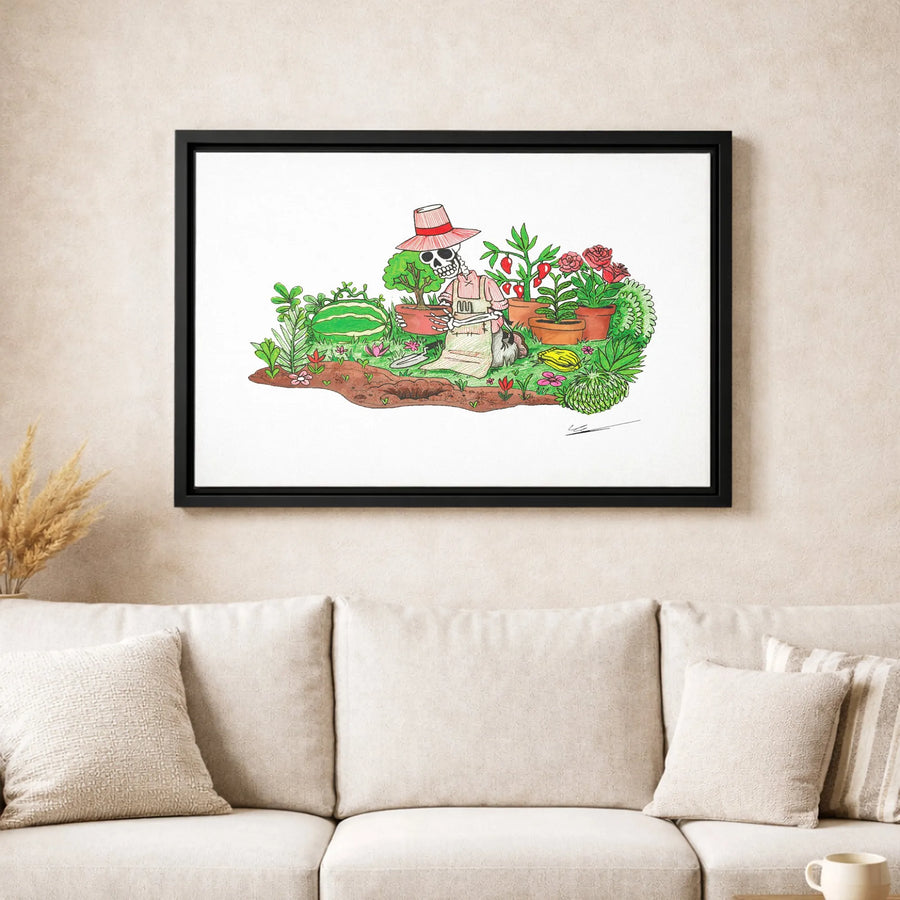Gardening Skeleton Wall Art | Whimsical Plant Lover Illustration | Premium Gallery Wrapped Canvas | Unique Gift For Gardeners And Botanists