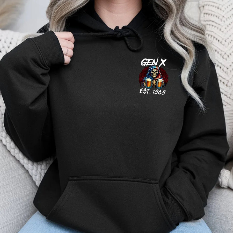 Gen X Hoodie | Funny Skull Beer Graphic EST. 1968 | Premium Cotton Blend | Nostalgic Birthday Gift for Men & Women