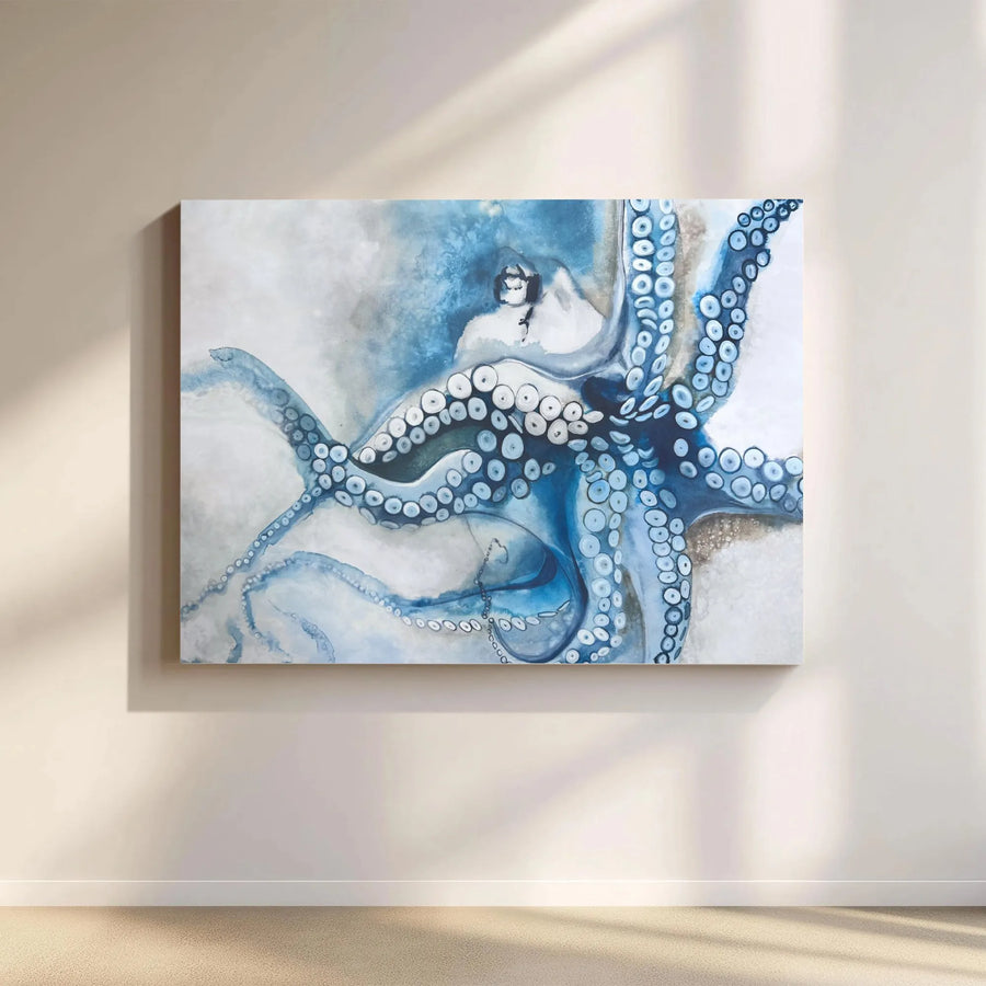 Blue Octopus Canvas Wall Art | Nautical Watercolor Sea Life Print | Gallery-Quality 1.25 Inch Frame | Coastal Decor for Bathroom or Living Room