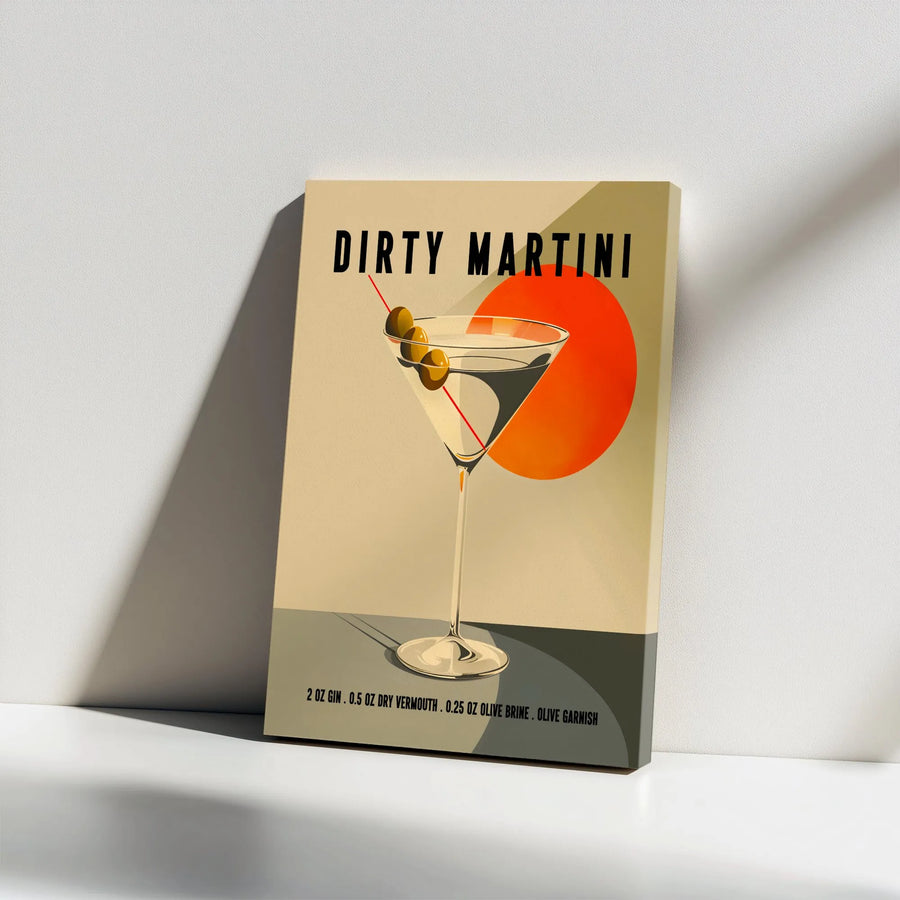 Dirty Martini Cocktail Canvas | Retro Bar Cart Decor Print with Recipe | Premium Thick Gallery Canvas | Home Bar & Kitchen Decor Gift