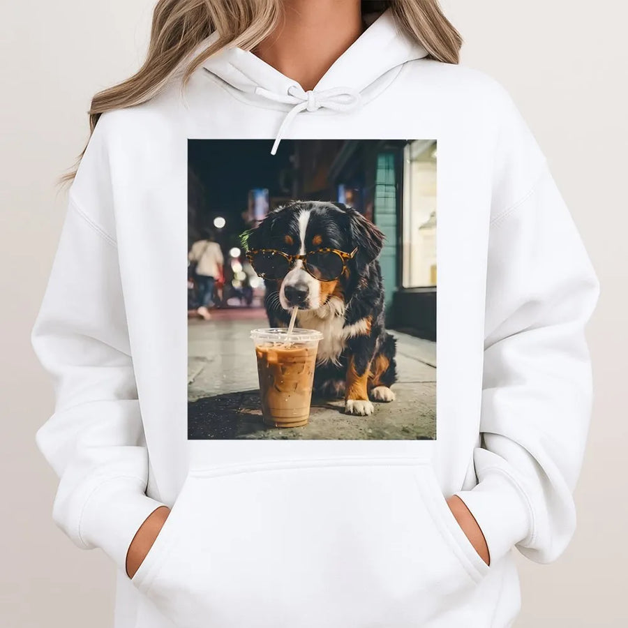 Bernese Mountain Dog Hoodie | Funny Dog with Sunglasses & Coffee | Premium Cotton Blend | Gift for Berner Mom or Dad