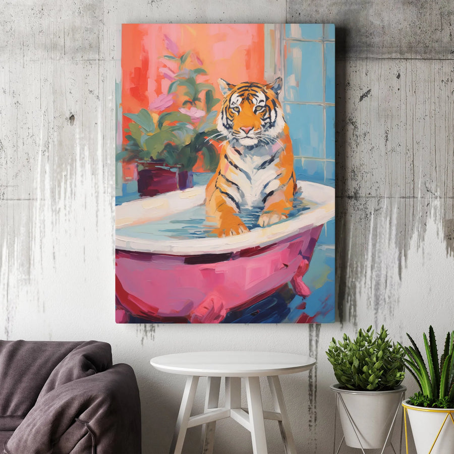 Tiger in Bathtub Canvas Wall Art | Impressionist Animal Oil Painting Style | Premium Gallery Wrap Decor | Quirky Maximalist Home Gift
